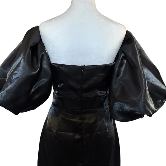 Beulah Style Black Off Shoulder Satin Midi Dress Puff Sleeves - Picture 7 of 16